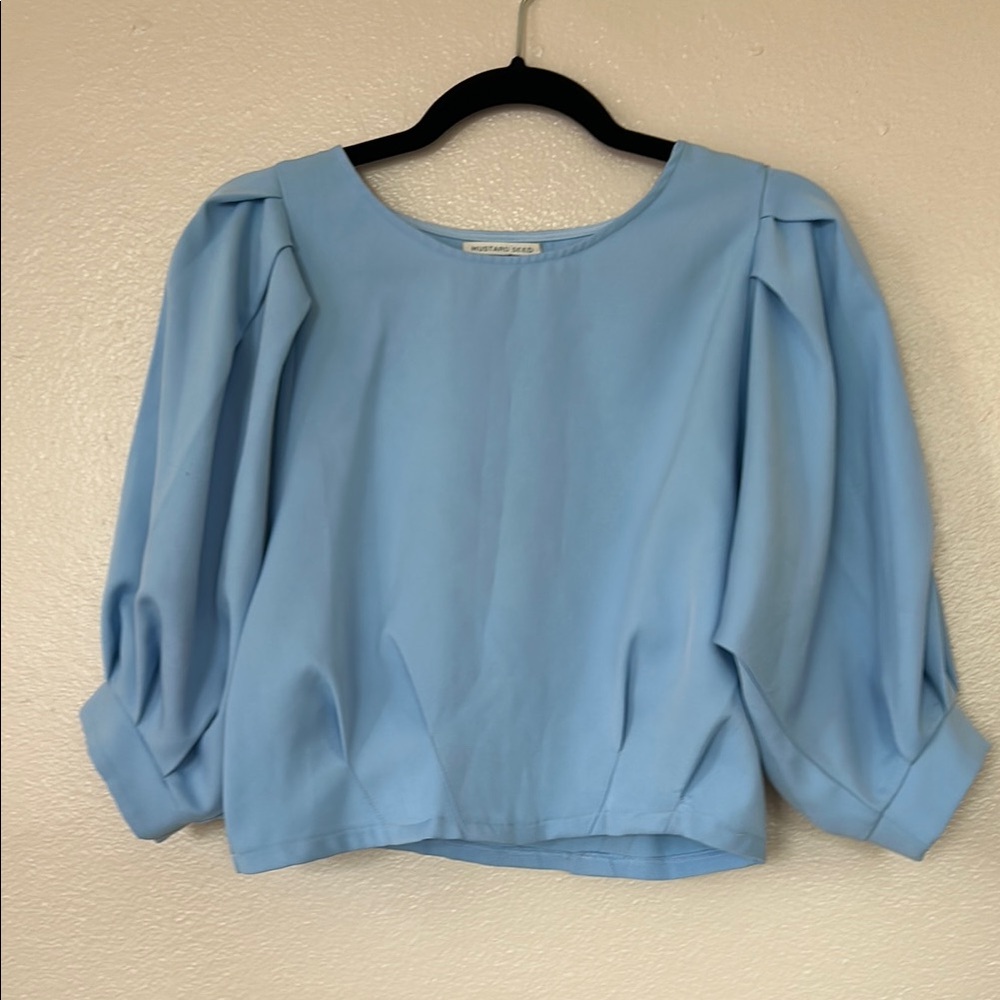 Blue Blouse with Puff Sleeves and Round Neckline